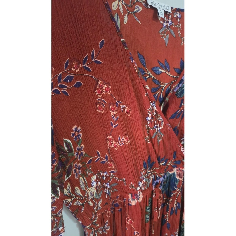 Patrons of Peace‎ Rust Floral Crinkle Rayon Wrap Maxi Dress Womens Medium - Picture 4 of 6